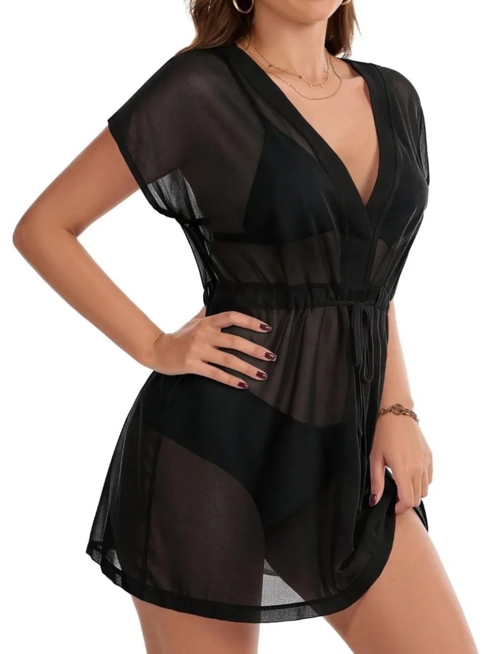 Womens Black Polyester Coverup Beach Swimsuit Coverup Swimwear Dress V Neck